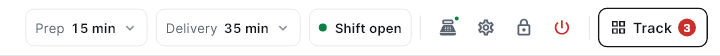 The header with the Shift open button, card reader and settings