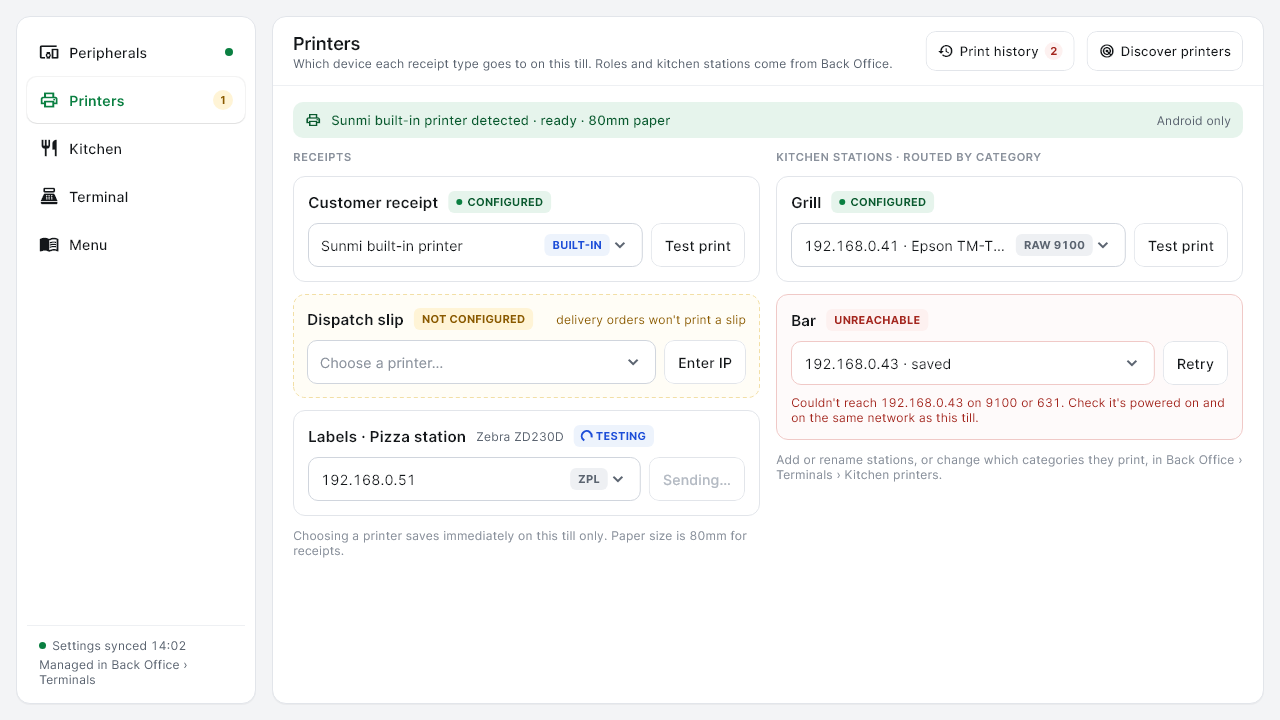 Settings, Printers: a card for each receipt type with Test print