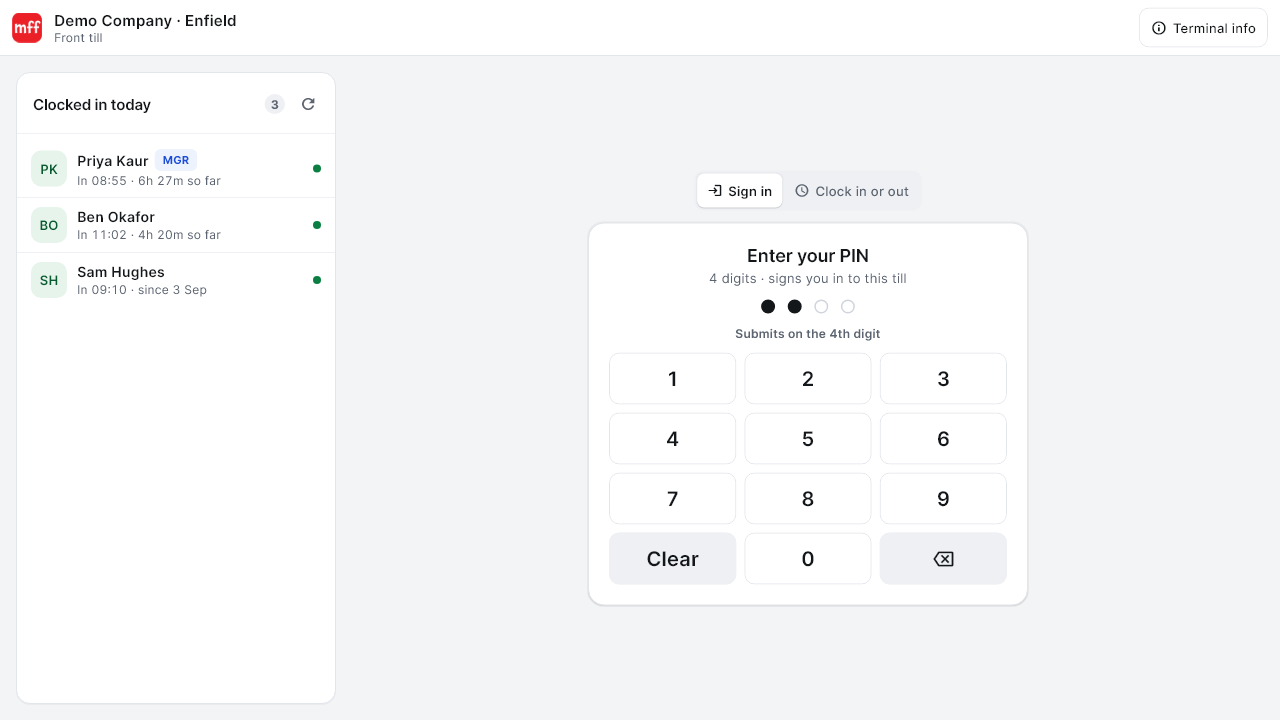 The sign-in screen: Enter your PIN, with Sign in and Clock in or out at the top