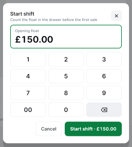 The Start shift window with the opening float keypad