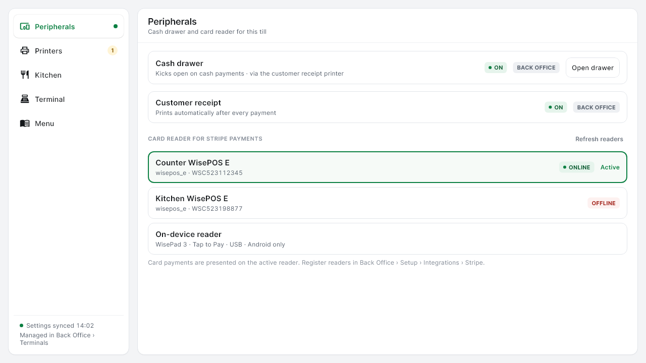 Settings, Peripherals: choose On-device reader for a WisePad 3